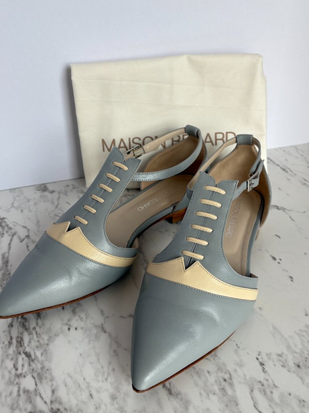 Maison Bédard Leather Pointed Toe Flats US 6 Blue Grey & Cream